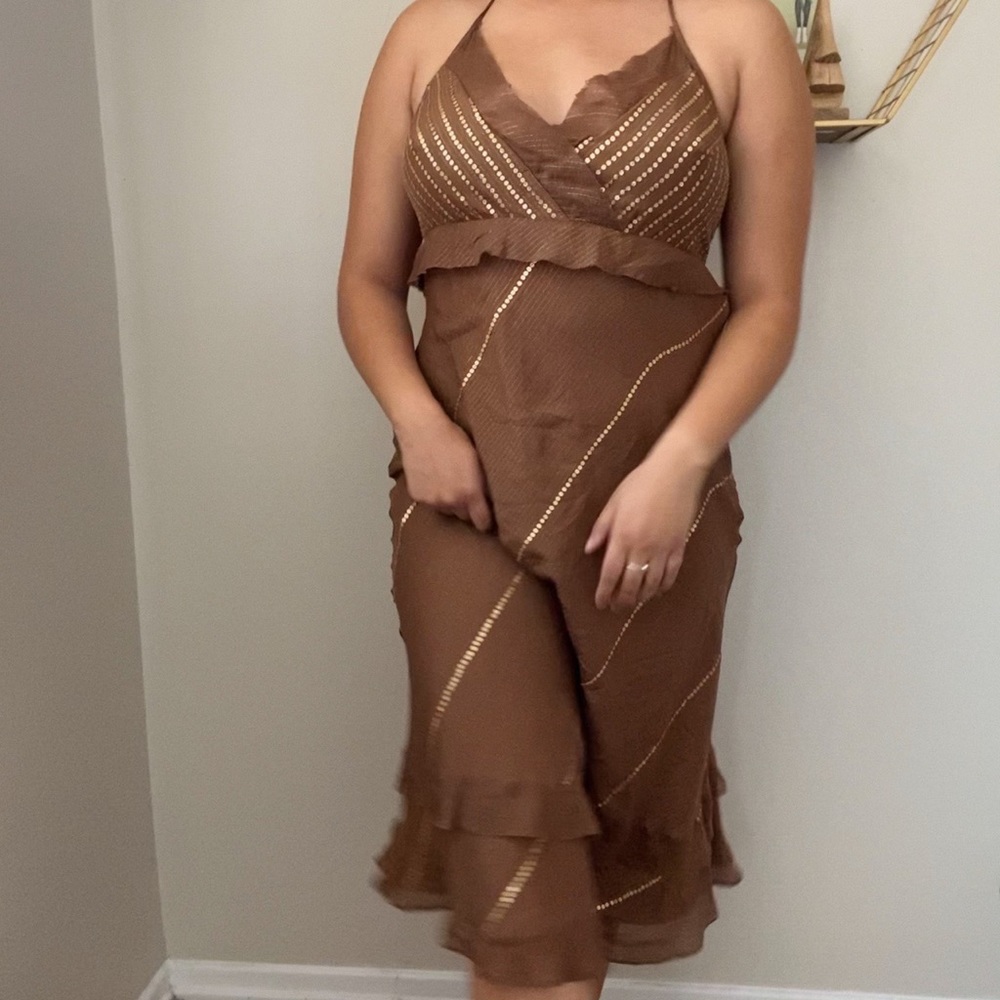 Brown sequin halter midi dress